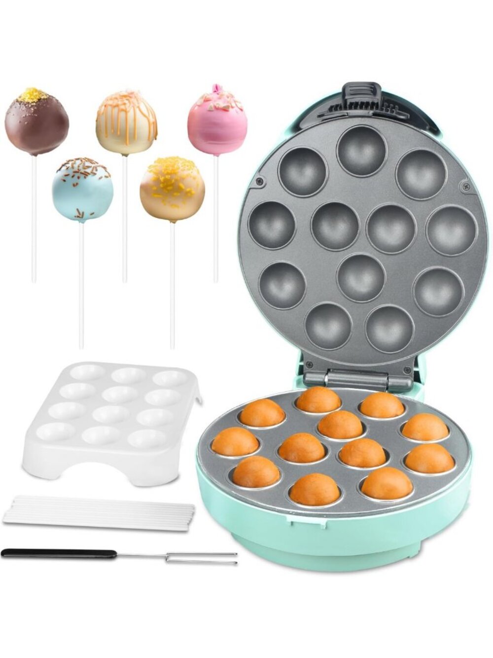Cake Pop Maker Set with Stand, Sticks & Fork Tool - 12 Pops Capacity, Aquamarine